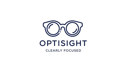 Optisight Clearly Focused Logo with Eyeglasses Icon.