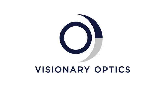 Visionary Optics logo design with abstract circular eye symbol.
