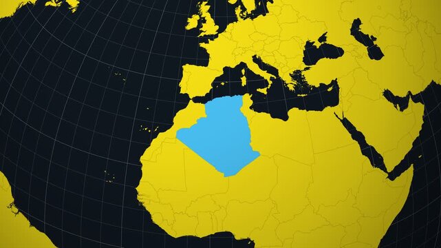 Algeria map. Animated zoom into the country on the Globe in Charcoal Bright Yellow color palette. Country logo animation. Map with meridians, parallels. Elegant video.
