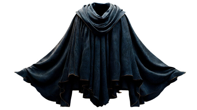 Dramatic draped black cloak for cosplay or fantasy designs.