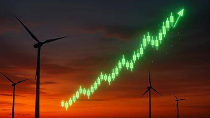 Renewable energy investment graph Wind Turbines at Sunset Stock Market Graph Illustrates Growth in Renewable Energy and Sustainability Trends - Powered by Adobe