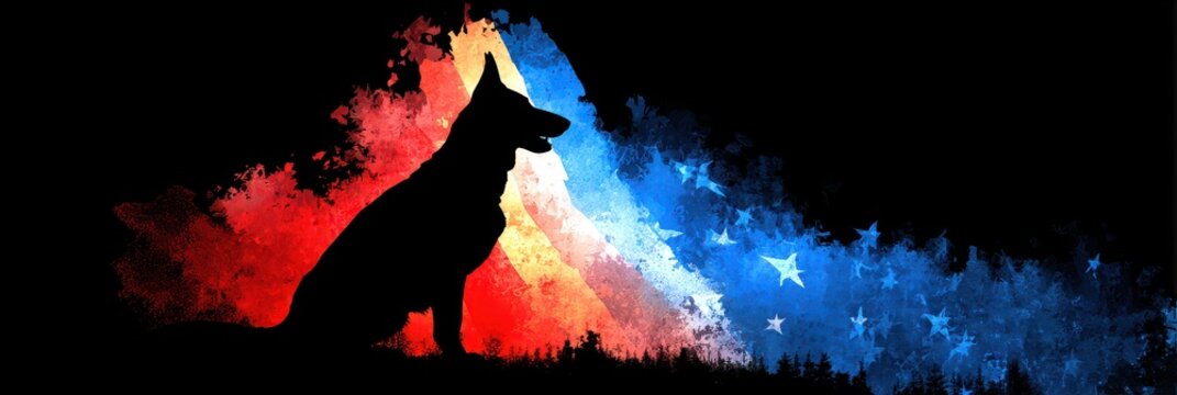 K9 Veterans: Patriotic Dog Silhouette with March Theme on Flag Background