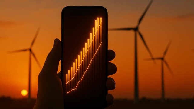 Renewable energy investment graph Hand Holding Smartphone Shows Rising Graph with Wind Turbines at Sunset, Representing Growth in Renewable Energy - Powered by Adobe