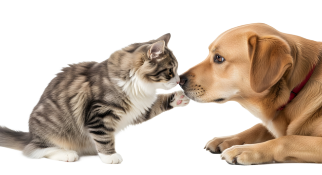 A friendly kitten and a curious puppy touching noses on a white background