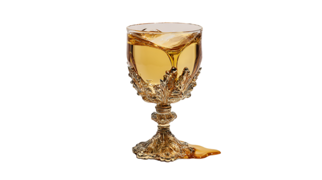 A golden chalice with amber liquid spilling.