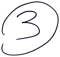 Black circle with hand drawn number 3, marker doodle sketch symbol isolated on transparent background
