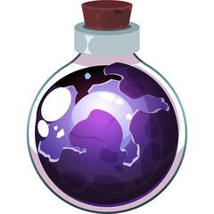 Pixel Art Potion With Swirling Purple Liquid And A Luminous Moon Like Orb Inside A Glass Bottle With Cork Stopper Isolated On Transparent Background
