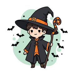 Cute Halloween Wizard Boy Character with Staff and Bats