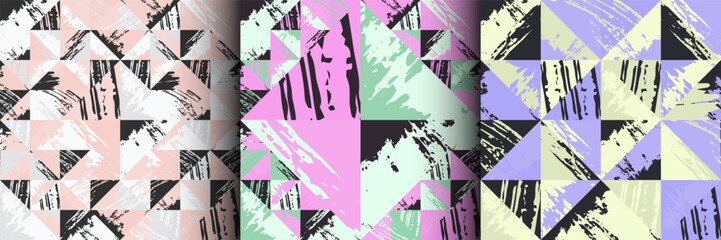 Rhombic  figures motley checkered seamless pattern set, grunge scratches and attrition fashion  texture. Trendy background, wallpaper, wrapping paper, textile, print, layout