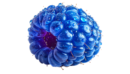 Close-up of a vibrant blue raspberry glistening with water droplets, isolated on solid white background Png