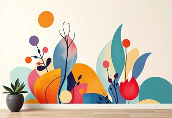 Abstract colorful organic shapes, botanical elements, modern wall art ,   colorful background,  botanical