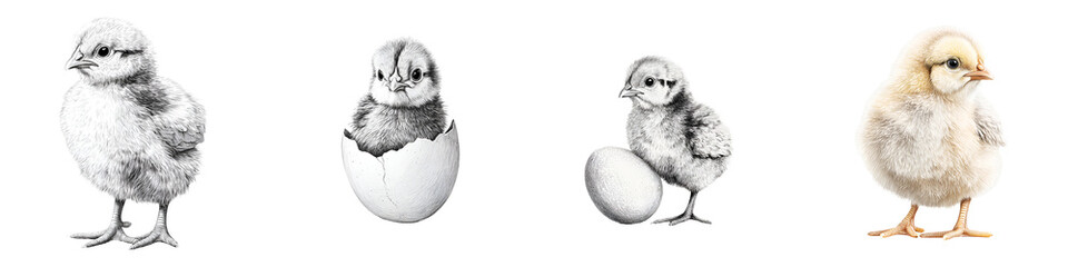 Fototapeta premium Chick Pencil Drawing Collection: Cute Farm Animals on White