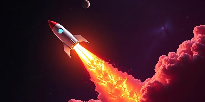 AI-powered rocket launching into space, fiery trail,  propulsion,  graphic