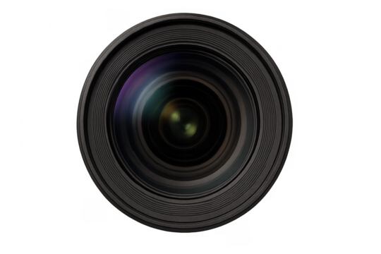 Camera lens with colorful reflections on transparent background