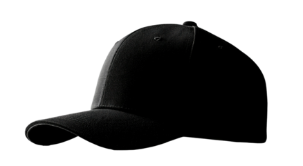 A close-up shot of a classic black baseball cap, angled against a dark background