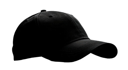 Fototapeta premium A dark baseball cap, angled from the side, with subtle details against a stark black backdrop