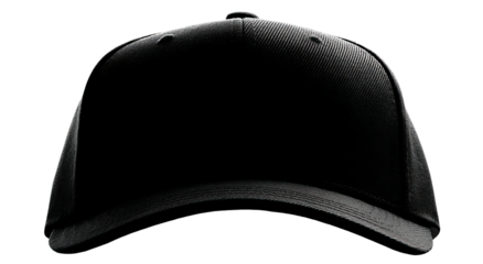 A close-up shot of a black, classic-styled cap with a curved brim and a structured crown