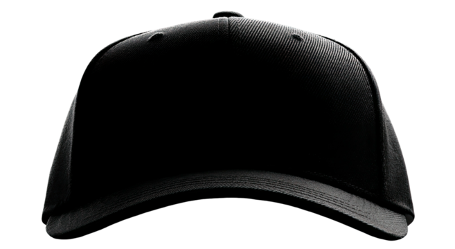 A close-up shot of a black, classic-styled cap with a curved brim and a structured crown