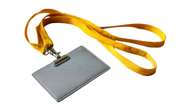 An ID badge with a yellow lanyard, isolated with a transparent background