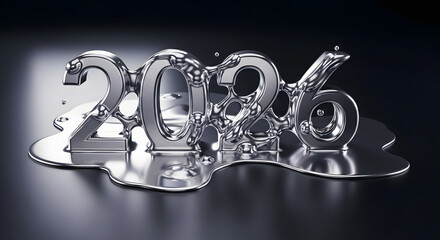Melting Silver 2026 Number on Dark Surface Futuristic Technology Concept