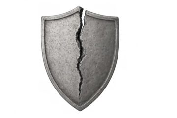 Broken shield with a large crack symbolizing failure, weakness, vulnerability, and system collapse