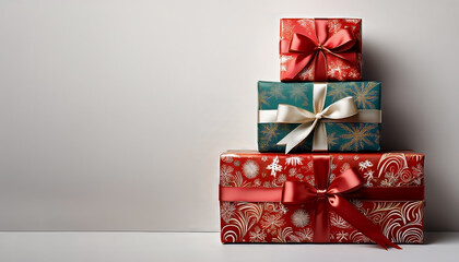 A top-view photograph of three gift boxes stacked neatly, each with different Christmas pattern