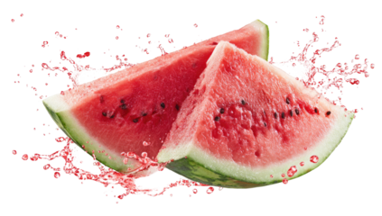 Juicy watermelon slices with seeds and green rind on a black background, surrounded by a splash