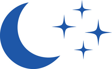 Blue crescent moon and four star shapes on white background stars