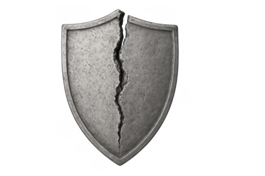 Broken shield with a large crack symbolizing failure, weakness, vulnerability, and system collapse