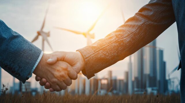 Achieving global business success with startup partnership deal. firm handshake seals agreement, showing trust and commitment