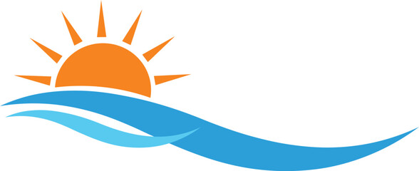 Orange sun rising over stylized blue ocean waves graphic sunrise water