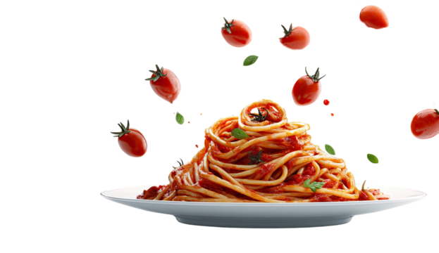 Pasta dish with red sauce on a white plate, with tomatoes and basil leaves