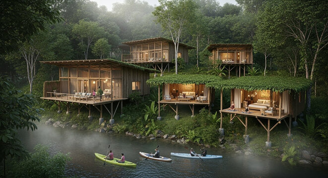 Luxury Eco-Resort Stilt Bungalows by Tropical River in Dense Rainforest with Kayaking Guests; Sustainable Wilderness Retreat and Nature Adventure