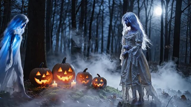 Ethereal ghostly brides in a dark forest with glowing pumpkins a spooky Halloween scene perfect for holiday concepts