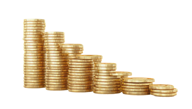 A visual depicting a descending staircase of stacked gold coins against a stark black background