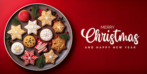 A plate of Christmas cookies, on a solid red background, with copy space.