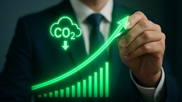 Renewable energy investment graph Businessman Illustrates Upward Trend Graph Highlighting CO2 Reduction for Sustainable Growth Finance and Corporate