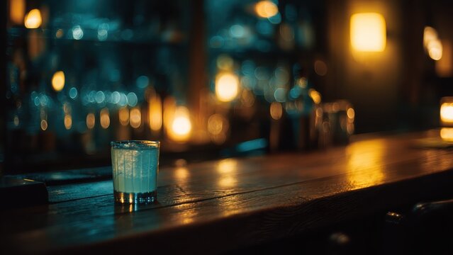 青いカクテルとキャンドルの光 夜のバーカウンター