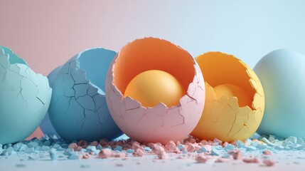 Close-up of cracked eggs with colorful background and soft lighting.
