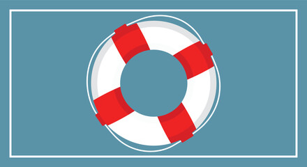 Red and white life preserver ring floating on blue background with white border lifebuoy life ring
