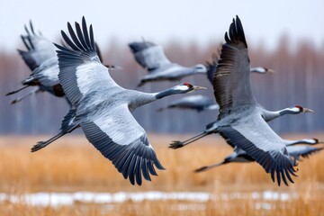 Fototapeta premium Common cranes flying during migration over landscape