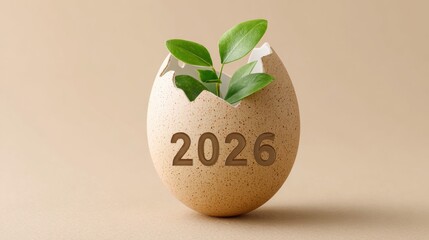 Eco style egg made of natural materials cracking open with green leaf numbers 2026 inside on soft beige background, organic and sustainable new year theme.