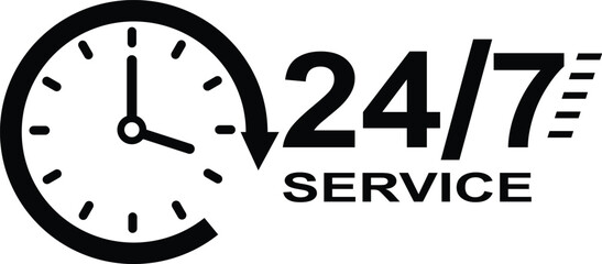 Black clock icon with 24/7 service text and arrow time