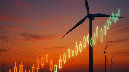 Renewable energy investment graph Wind Turbines at Sunset Sky Symbol of Renewable Energy Growth and Stock Market Optimism in Nature and Finance - Powered by Adobe