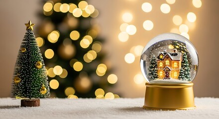A festive christmas scene with a miniature tree and a snow globe featuring a cozy house, set against a bokeh background of warm lights