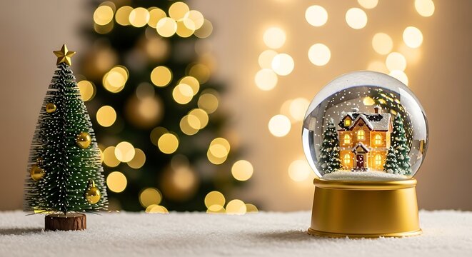 A festive christmas scene with a miniature tree and a snow globe featuring a cozy house, set against a bokeh background of warm lights