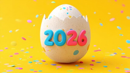 Blue and pink numbers 2026 breaking out of egg shell with confetti explosion and yellow background, festive concept of new year celebration.