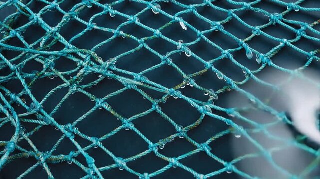 Fishing Net Texture: The intricate pattern of a fishing net, with a close-up shot capturing its texture, material, and geometric design.