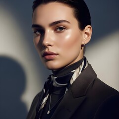Stylish Character Radiating Modern Sophistication: A Portrait of Dazzling Looks, Smooth Features, Ambient Lighting, and Timeless Minimalist Elegance in Refinement