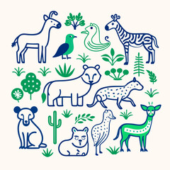 Obraz premium Vibrant Line Art Zoo Animals Lion Elephant Giraffe Bull and Birds Illustration